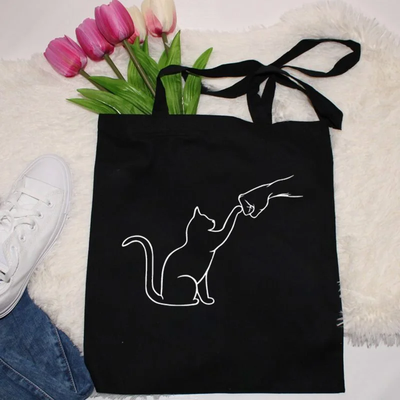 Hot Cat Printing Shoulder Bag Women Fashion Canvas Harajuku Bag Black White Handbag