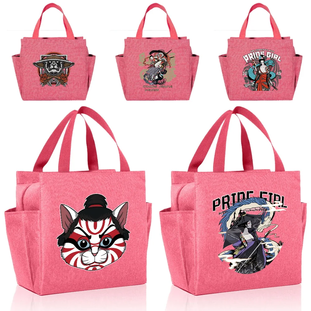 BIG Capacity Lunch Bag Kids Printing Samurai Series Insulation Cute Pink Picnic Bags Waterproof Lunch Box Outdoor Picnic