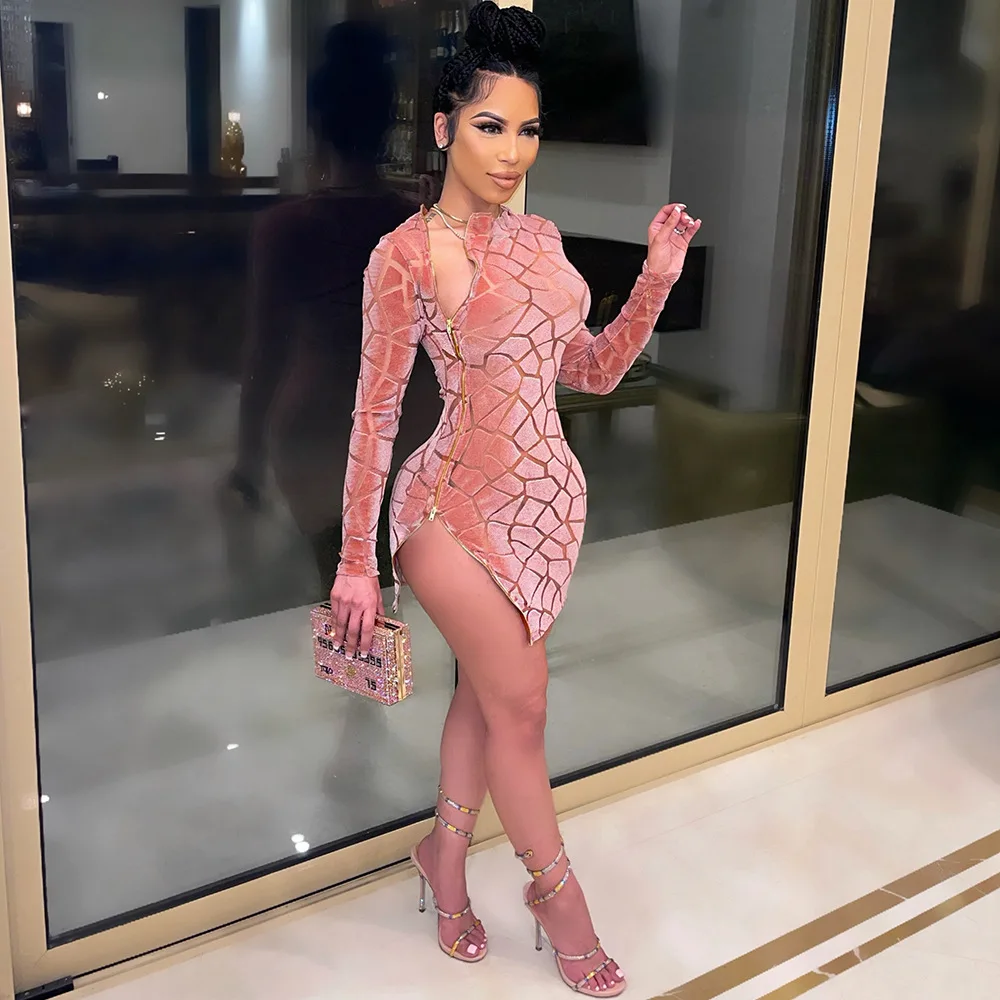 

2023 Bodycon Zipper Round Neck Mini Dresses Women New Arrival Sexy Velvet Dress Hollow Out Long Sleeve One-Step Skirt