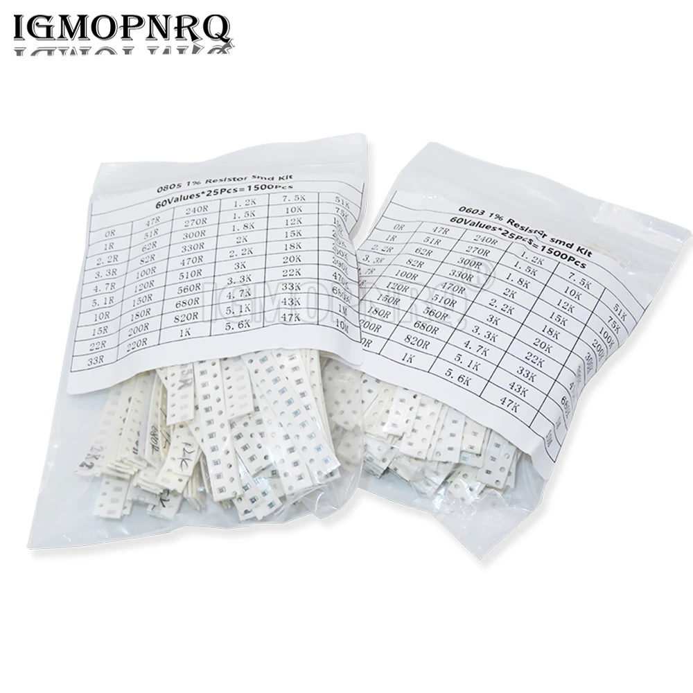1500PCS SMD 0603 0805 Widerstände Assorted Set (60 Werte X 25Pcs) 0R-10M Ohm 1% Hohe Präzision Film Chip Widerstand Kit – Detail 1