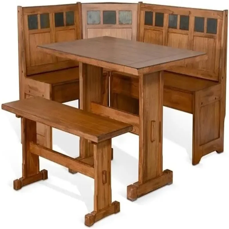 Rustic Oak Kitchen Corner Breakfast Nook Dining Set with Hidden Storage and Reversible Benches