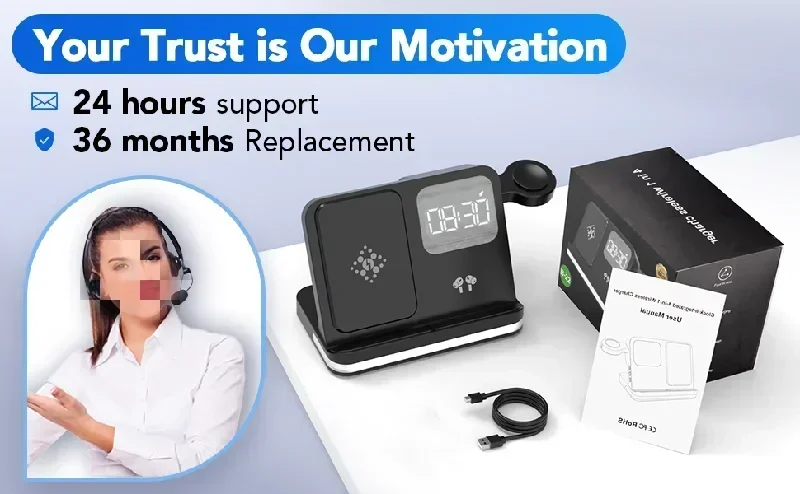 6 in 1 LED Fast Wireless Charger Stand Charging Station Clock Alarm For iPhone 15 14 13 12 11 Apple Watch 2-9 Series Airpods Pro