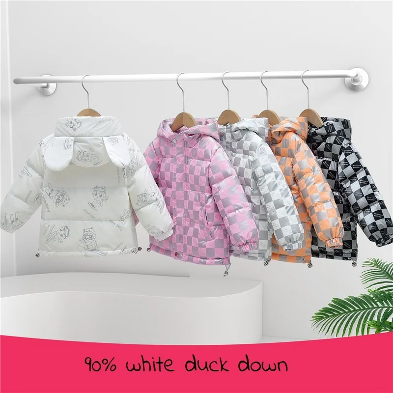 

Girls Boys Cartoon Shower Winter Plaid Warmth Puffer Jackets Waterproof Child White Duck Down Coats Kids Therme Outfits 2-10 Yrs