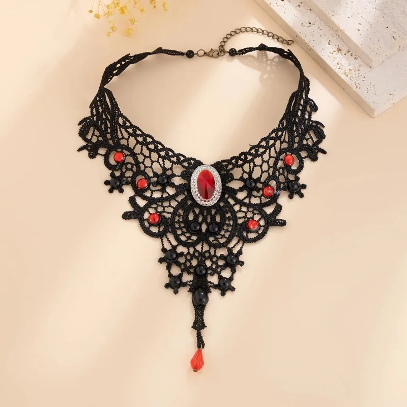 Gothic Hollow Out Black Lace Choker Necklace Women Vintage Punk Red Blood Drop Pendant Chains Party Jewelry Gift