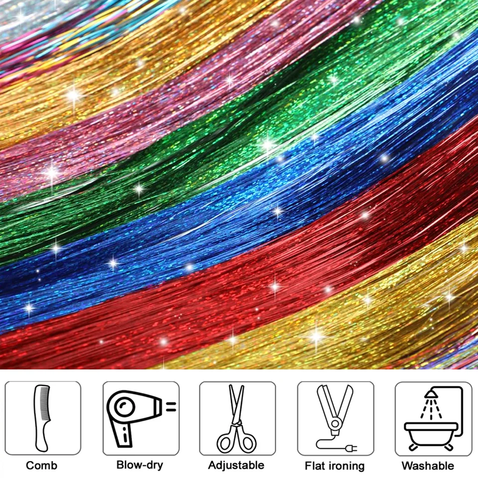 48 Inch Synthetic Hair Tinsel Kit With Tool 1200 strands Tinsel Hair Extensions 12 Colors Fairy Sparkling Shiny hair extensions