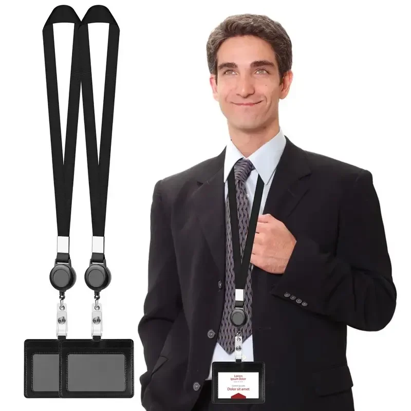 Simplicity ID Card Holder for Worker Black Color Retractable Badge Reel Lanyard Easy-pull Buckle Work Card Badge Office Supplies badge holder retractable badge reel retractable id lanyard retractable id tag work permit card set