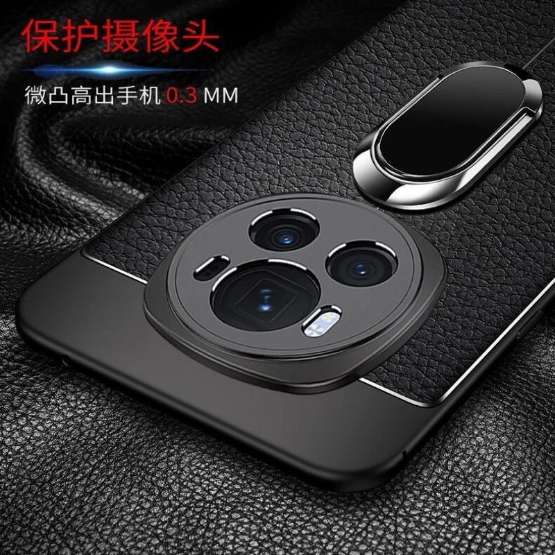 Enhanced Magnetic Phone Case with Holder Ring, PU Silicone Shockproof Bumper Cover