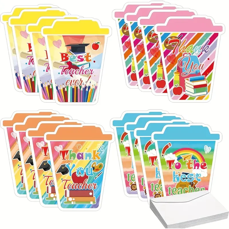 20 Set Funny Thank You Coffee Cup Themed Greeting Cards with Envelopes End Graduation Teacher Appreciation Cards