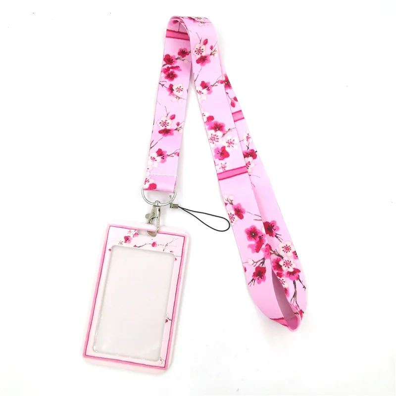 Pink Cherry Blossom Lanyard with Card Holder and Phone Accessory