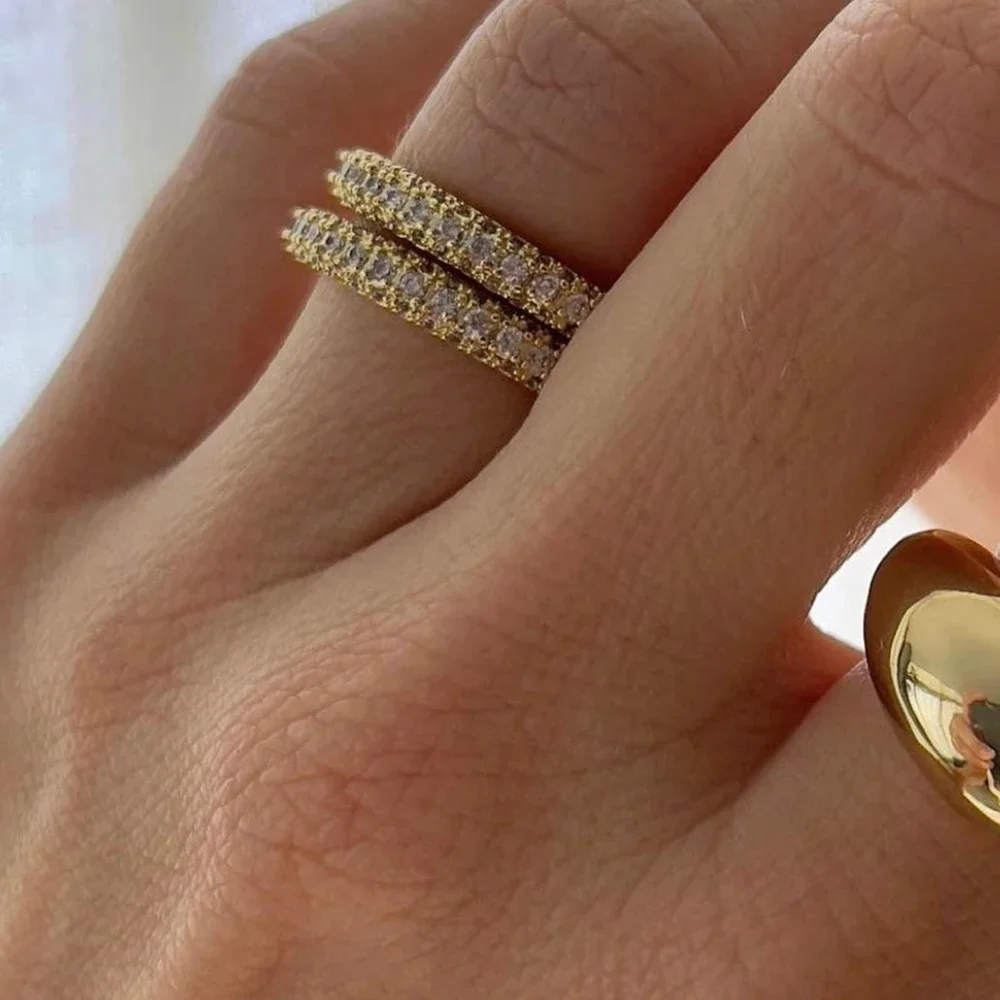 18K Gold Plated Luxury Sparkling Zircon Circle Women Wed Ring Non Tarnish Anti Allergic Metal Stainless Steel Delicate Jewelry