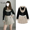 WAKUTA Japanese Sweet Lapel Tied Long Sleeve Shirt Style Top Temperament Striped Pleated Mini Skirt Irregular 2-piece Set Spring 1