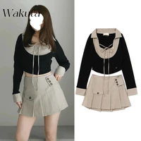 WAKUTA Japanese Sweet Lapel Tied Long Sleeve Shirt Style Top Temperament Striped Pleated Mini Skirt Irregular 2-piece Set Spring 1