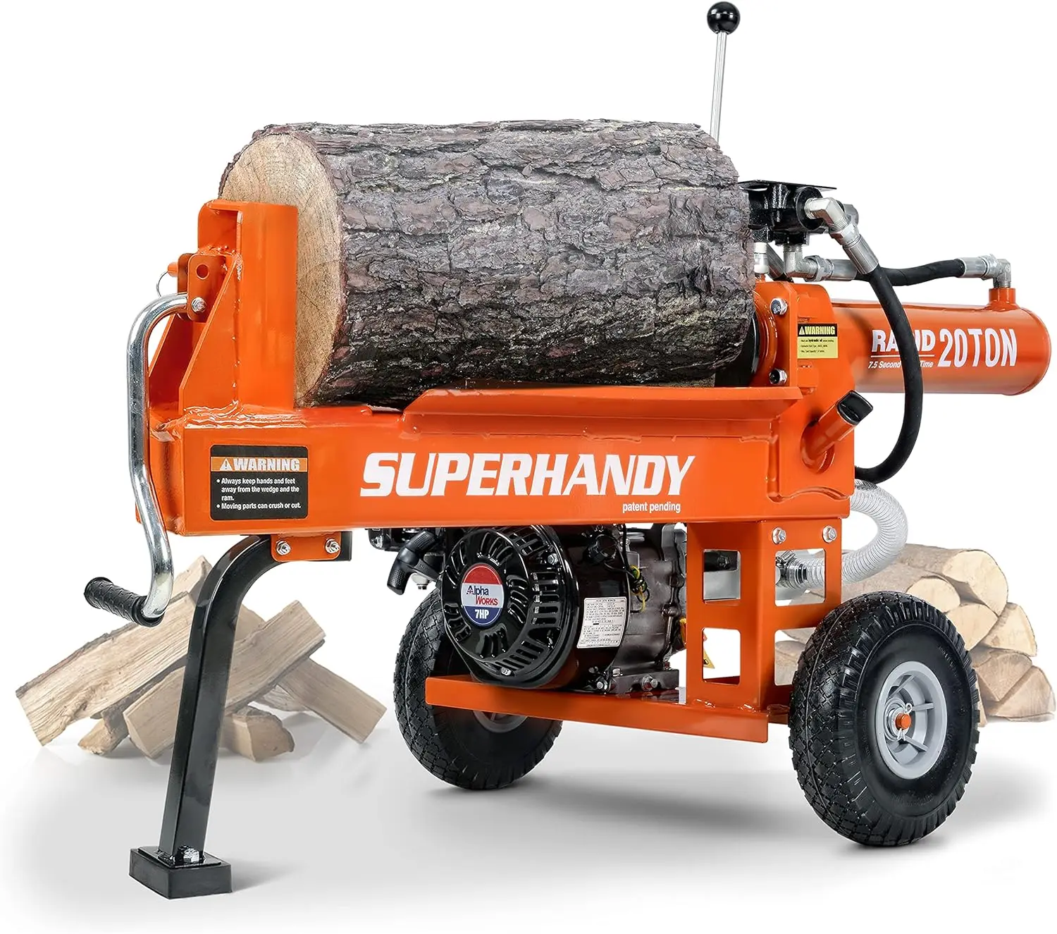 Log Splitter Portable 20 Ton Rapid Auto Return Ram System Bucher Gear Pump 7HP Engine Horizontal Full Beam Steel Wedge Firewood
