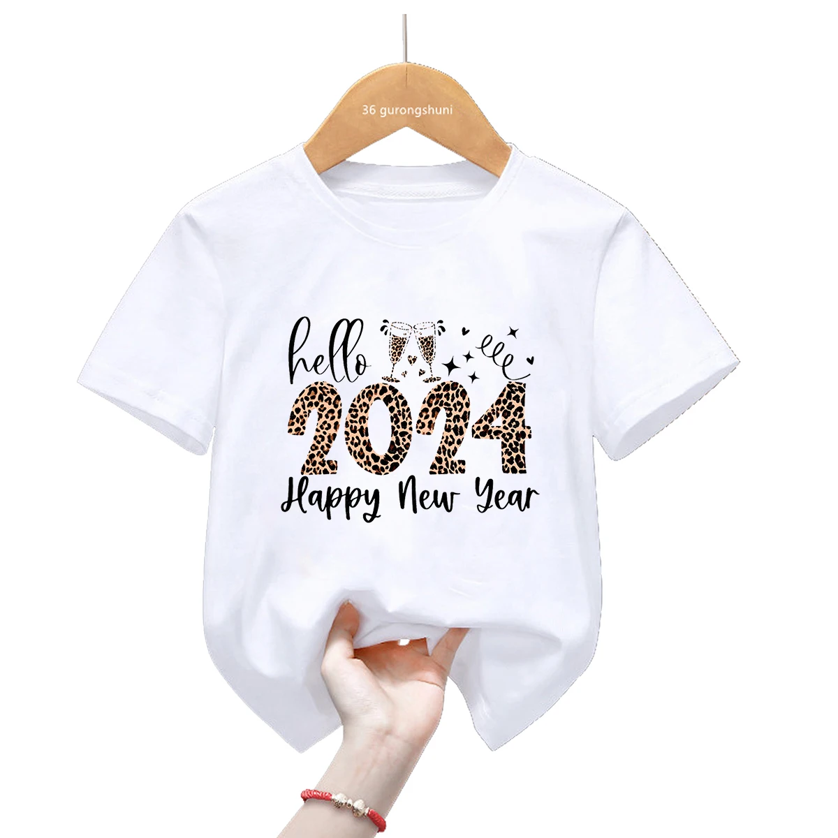 New Leopard print Hello T-Shirt Happy New Year Party Gift Merry Christmas Tshirt Boys Girls Kids Clothes Harajuku Tees Tops