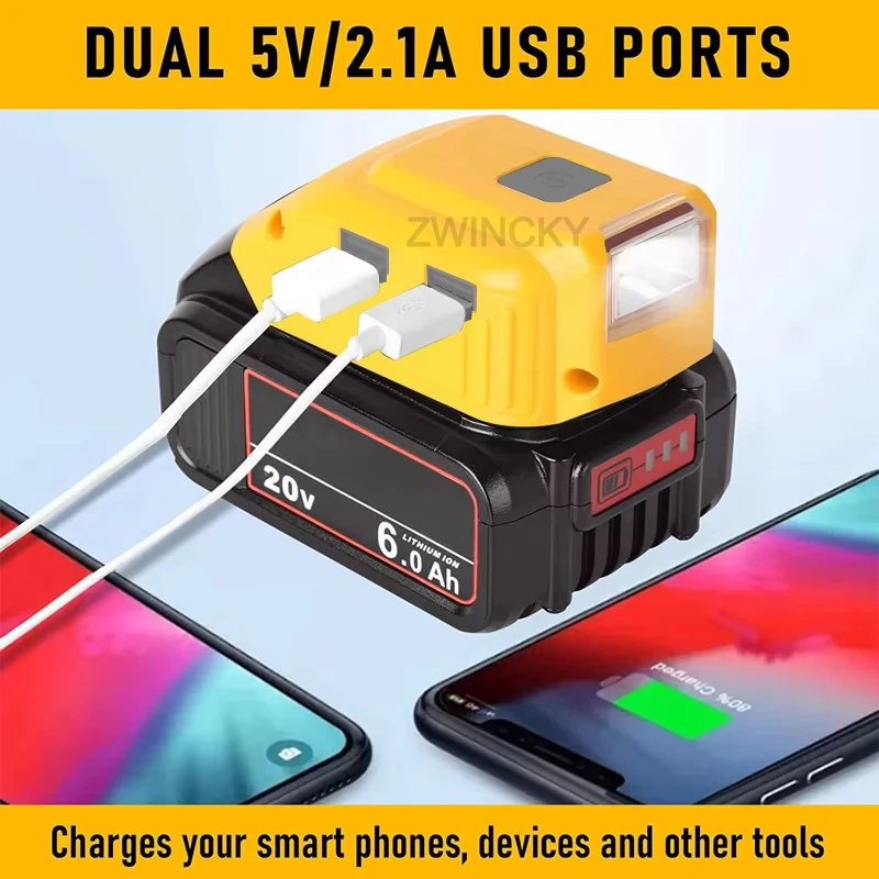 DCB090 전원 충전기 컨버터 배터리 어댑터 (디월트 18V 20V 리튬 배터리용) USB 타입 C DC 12V LED 작업등 포함