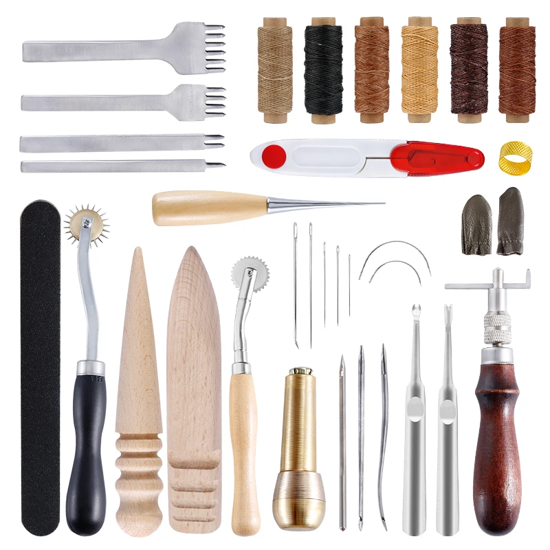 

IMZAY Leather Sewing Tools Set Copper Awl Kit Leathercraft Sewing Stitching Leather Hole Punch Tools Stainless Steel Needles
