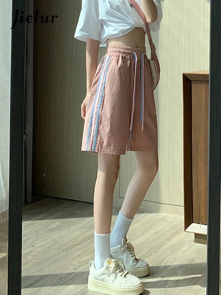Jielur Side Stripe Pink Shorts Women Summer Loose Drawstring Sports Shorts High Waist Simple Wide Leg Casual Short Pants Female