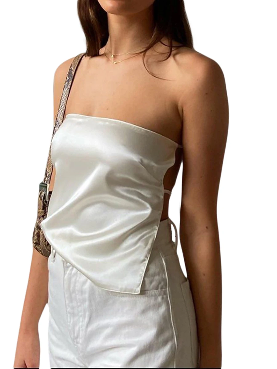 

Y2K Clothes Women Strapless Satin Tube Tops Off Shoulder Bandeau Bustier Backless Skinny Tank Crop Tops Sexy Streetwear