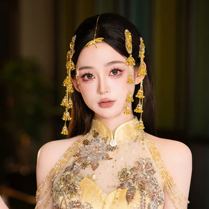 Chinesischer Stil, vergoldet, lange Kette, Quaste, neu in Haarspangen für Frauen, Blumenglocke, Braut, Hochzeit, ethnischer Haarschmuck
