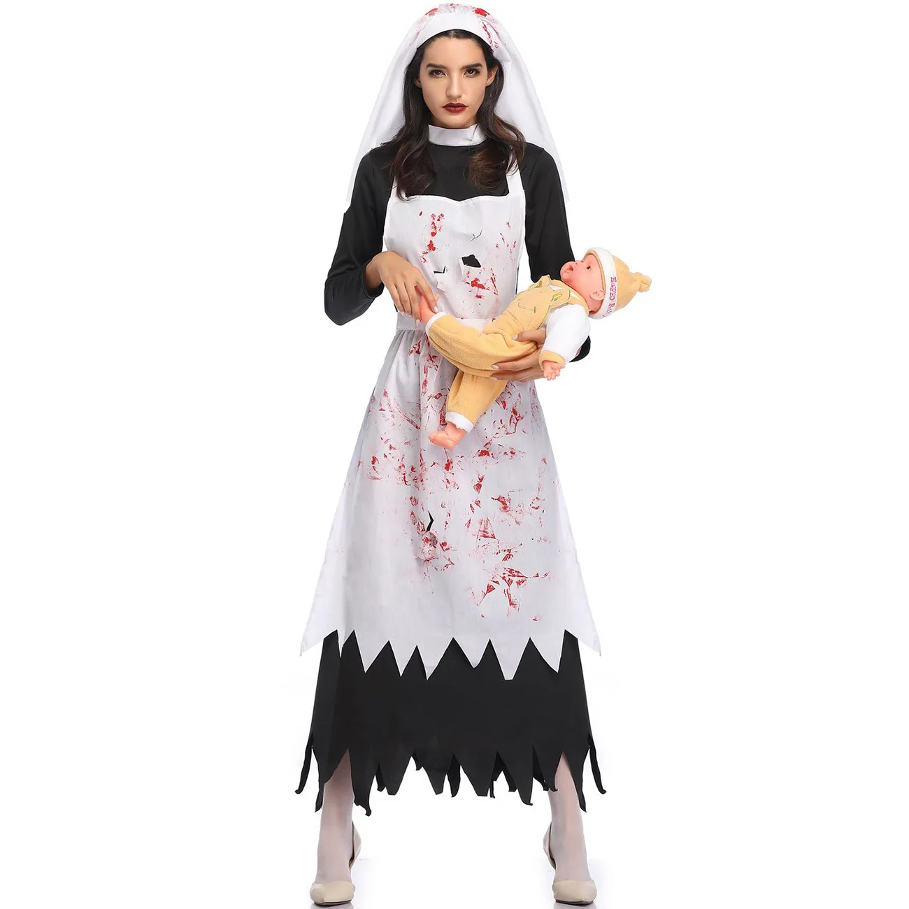 

Halloween Cosplay Horror The Nun Ghost Costume Sets with Blood Women Carnival Fancy Dress Up Outfits Party Disfraz Hombre