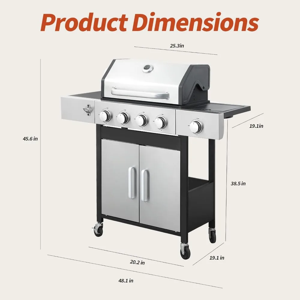 Grill, 4-Burner Propane Gas BBQ Grill with Side Burner & Porcelain-Enameled Cast Iron Grate, 46,790 BTU Barbecue Grill