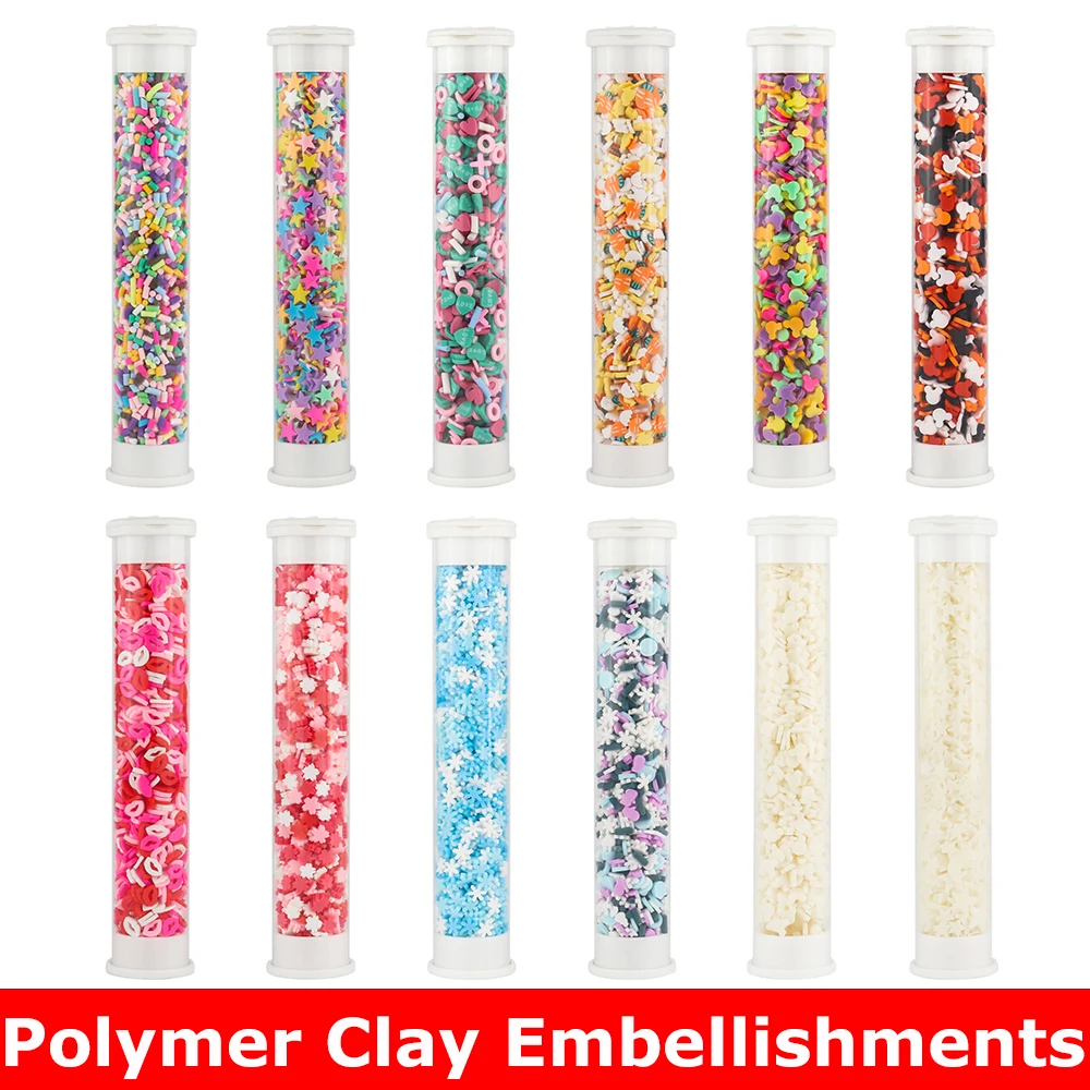 

20-27g Polymer Clay Embellishments and Storage Tubes XOXO Snowflake Flourescent Stars Moon for DIY Craft Shaker Card Supplies