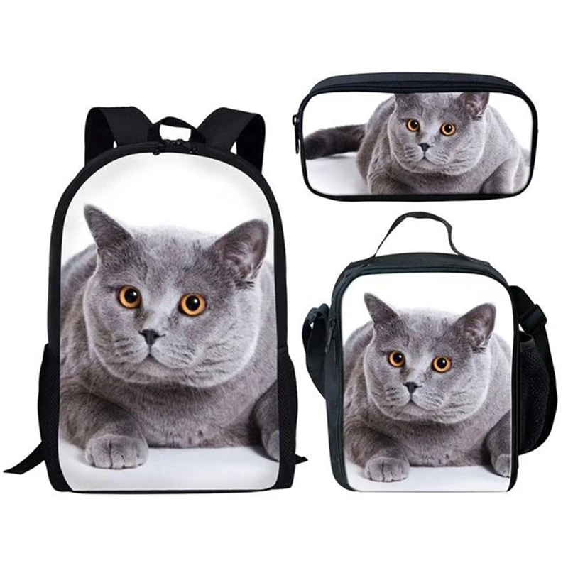 Harajuku Novelty Funny Cat 3pcs/Set Backpack 3D Print School Student Bookbag Anime Laptop Daypack Lunch Bag Pencil Case