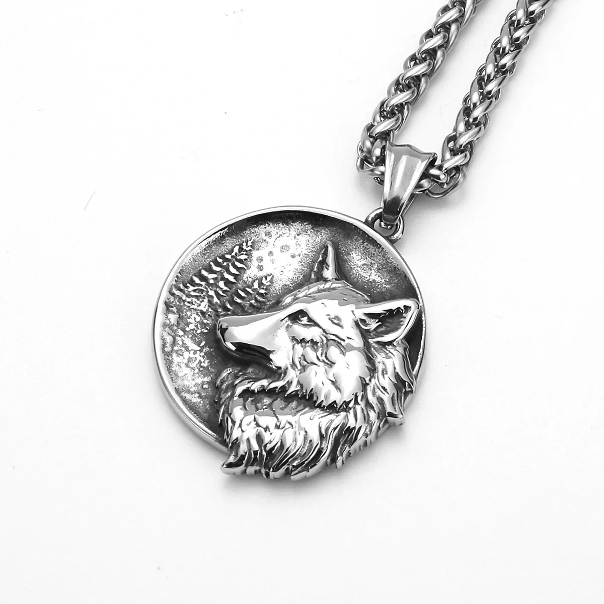

CHUANGCHENG Style Fashion Charm Viking Retro Double Sided Wolf Head Stainless Steel Pendant Men's Necklace Chains