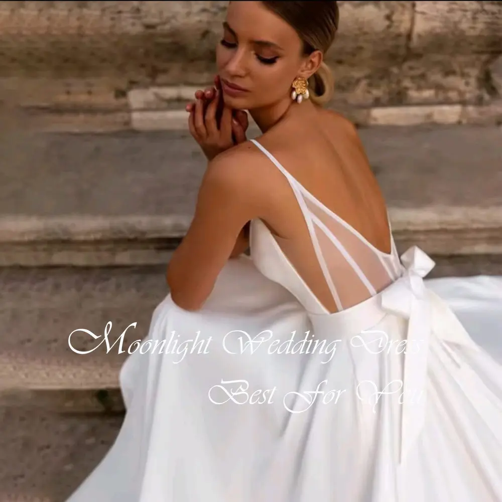 Modern Pleat Bow V-Neck A- Line Wedding Dress 2026 Sleeveless Spaghetti Straps Backless Bridal Gown Vestidos De Novia Customized