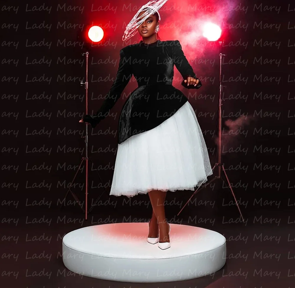 

2024 Fashion Black White Evening Dresses Velvet Long Sleeves Tutu Skirt Tea Length Women Formal Occassion Met Gala Prom Gowns Ve