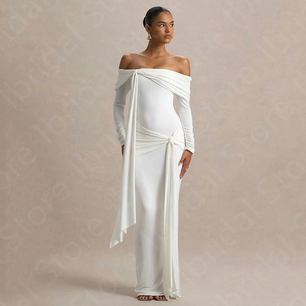 Custom Classic White Evening Dress Off Shoulder Long Sleeves Prom Gowns  Back Out | eBay