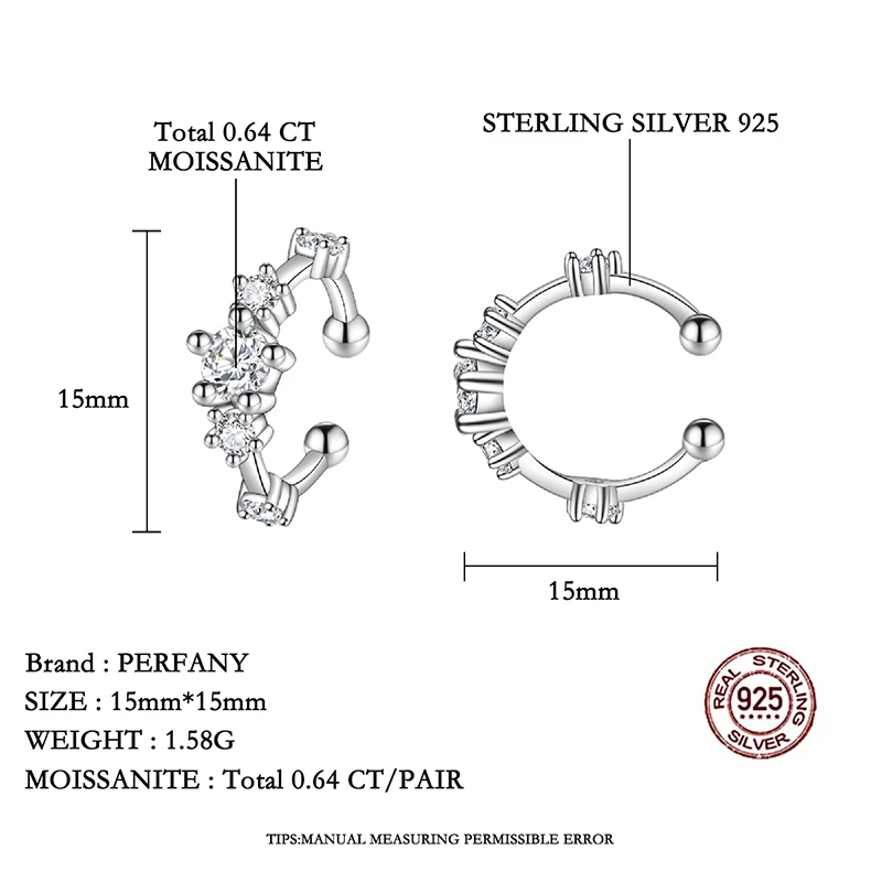 PERFANY 0.64CT All Moissanite Clip Earrings Women's Pure Silver Minimalist Design Laboratory Diamond Hip Hop Party Jewelry