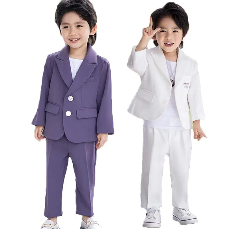 

Детский белый костюм для крещения, пиджак и брюки, фотокостюм для мальчиков с цветочным рисунком, костюм для выступления на церемонии, детское свадебное платье на день рождения