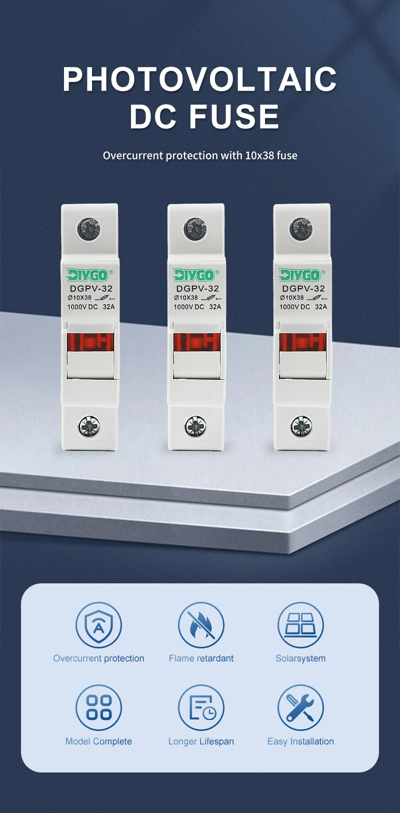 DIY GO Solar PV 1000 V Sicherungshalter, geeignet für 10 x 38 mm PV-Sicherung, Sicherungsverbindung für Sonnensystem-Schutzbasis, Photovoltaik-Schutz – Detail 1