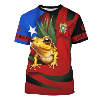 Puerto Rico Flag Pattern T-Shirt Men Frog National Emblem 1