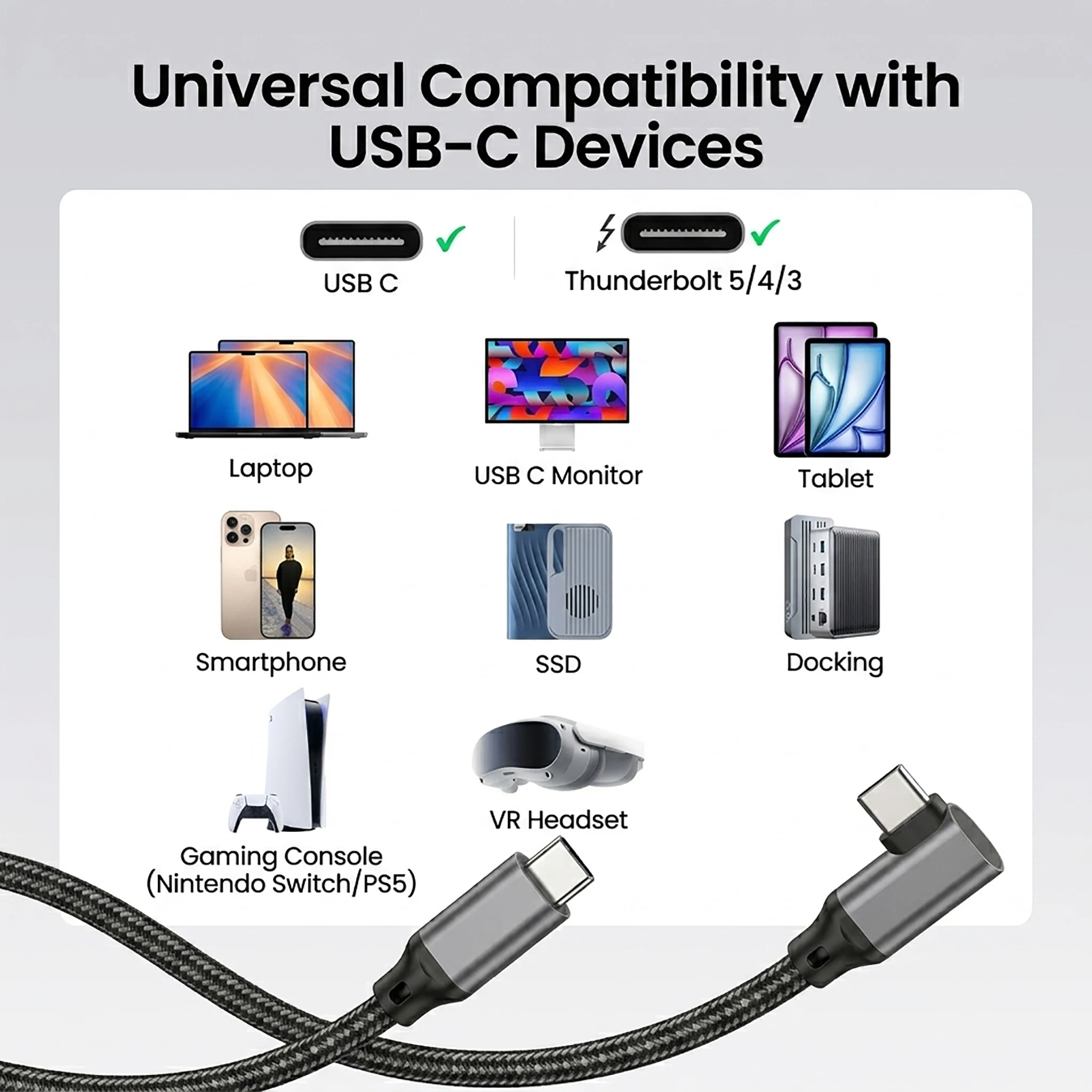 Ultra-Fast 20Gbps USB-C Cable with Right Angle Design for High-Resolution Displays and 240W Power Delivery