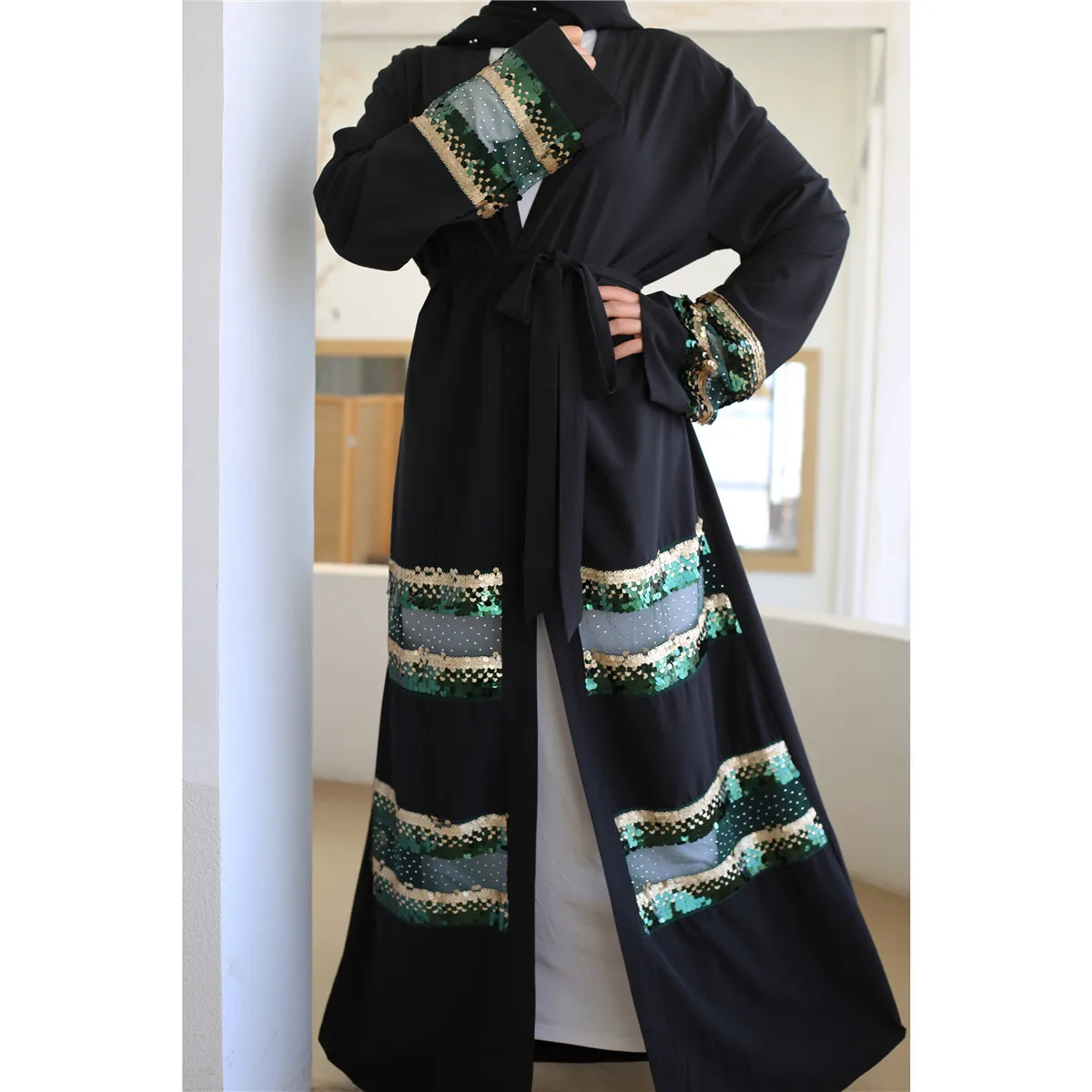 

New Muslim Abaya Fashion Sequins Splicing Dubai Türkiye Cardigan Gown islamic clothing for women dubai abaya