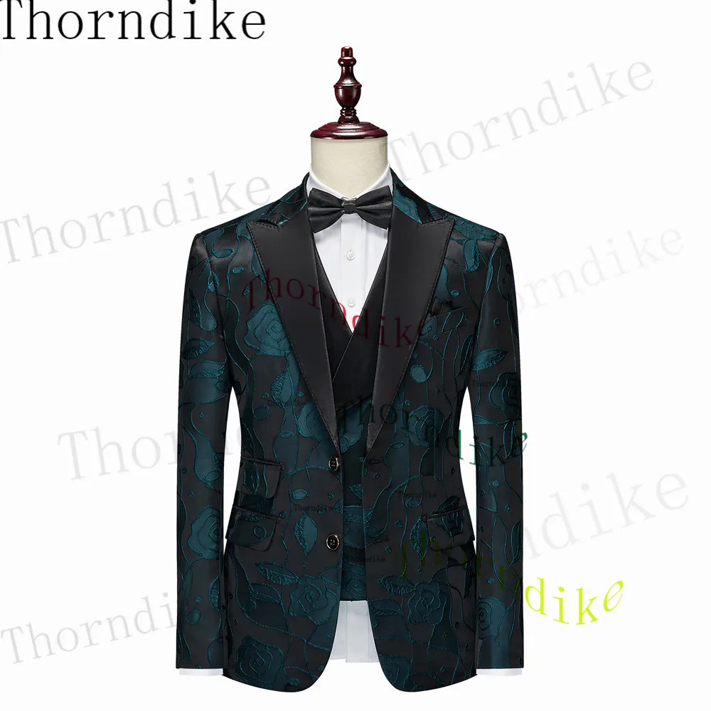 Thorndike Men's Wedding Suits Luxury Pattern Gentlemen Tuxedo Peaked Lapel Jacket One Button Vest Slim Pant