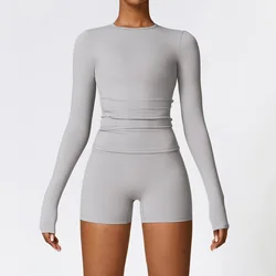 Seamless Women's Yoga Set - Workout Sportswear with Long Sleeve Crop Top and High Waist Leggings - M (Frost Grey Set-5)