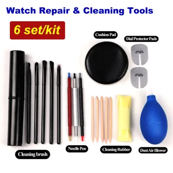 6Kits Accessori per la riparazione dell'orologio Tampon protettivi per soffiante d'aria in gomma per polvere Penna ad ago Spazzola per pulizia Vestito Strumenti di riparazione dell'orologio Kit per la cura