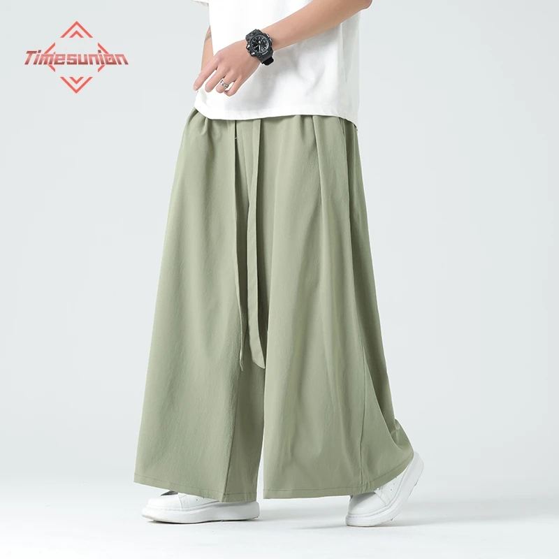 Men Kimono Wide Leg Pants Mens Ice Silk Joggers Retro Loose Trousers Man Chinese Style Kimono Pants Male Large Size Casual Pants