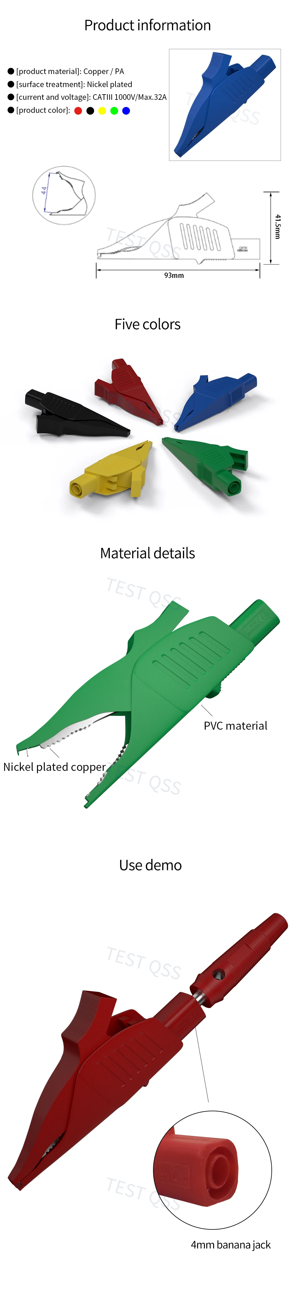Description Picture 2 of itemQSS Heavy Duty Alligator Clips Full Insulated Safe Crocodile Clips with 4MM Banana Jack Socket for Electrical Test Q.60042