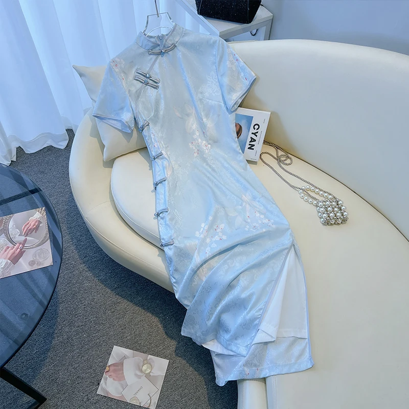 

High Quality Blue Elegant Cheongsam Qipao 2024 New Chinese Style Girl Fresh Dress For Women