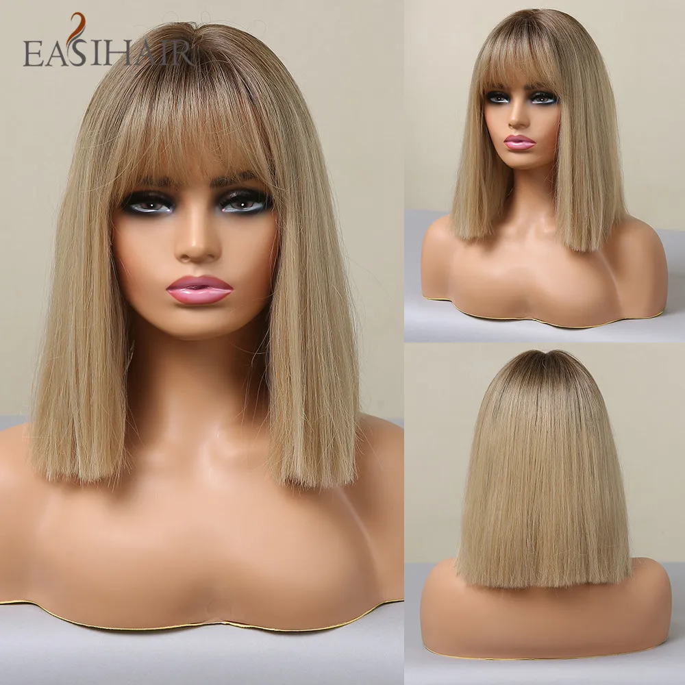 EASIHAIR Brown Golden Women's Wigs with Bangs Medium Length Straight Hair Heat Resistant Synthetic for Women Daily Cosplay |