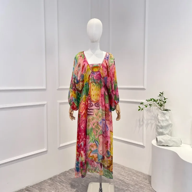 

2023 Summer Top Quality Red Pink Silk Holiday Beach Style Windows Back Long Sleeve Midi Loose Dress