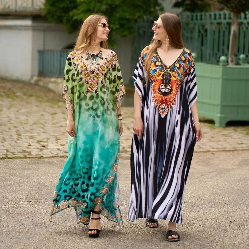 11 Colors New Boho Print Bikini Cover-ups Sexy Batwing Sleeve Maxi Dress Women Moroccan Kaftan Robe Beach Wear Rode Plage Sarong