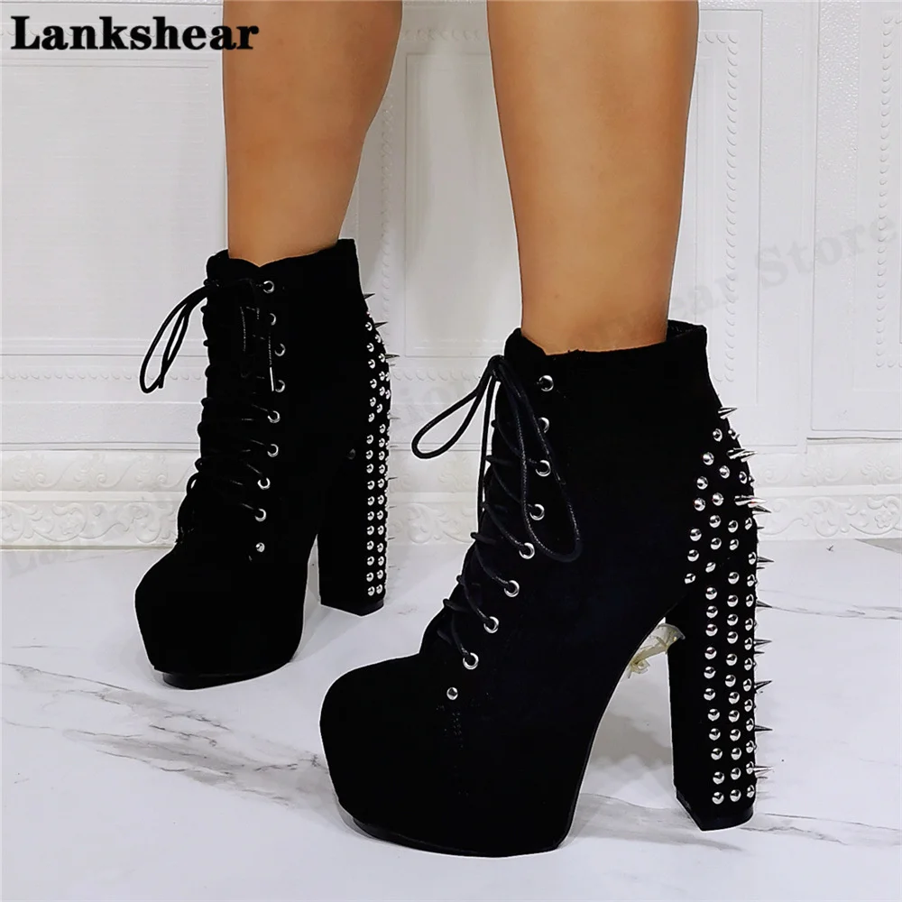 Rivet Thick Heel Booties Round Toe Lace-Up Stiletto High Heels Short Boots Fashion European Dress Women Boots Women Shoes