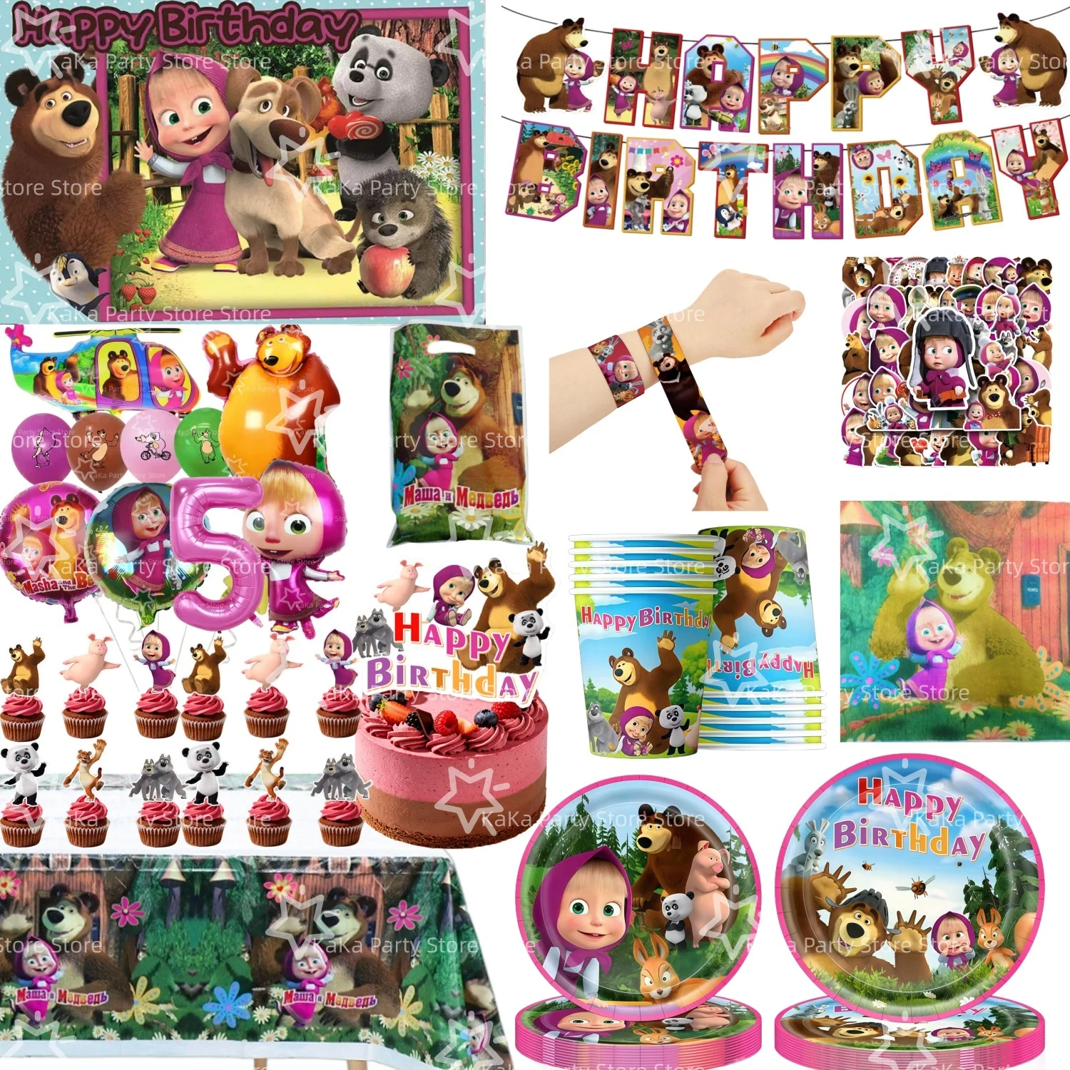 Mädchen und Bär Geburtstagsparty Dekoration Tischware Tischdecke Teller Becher Servietten Taschen Luftballons Babyparty M-Masha Partyzubehör