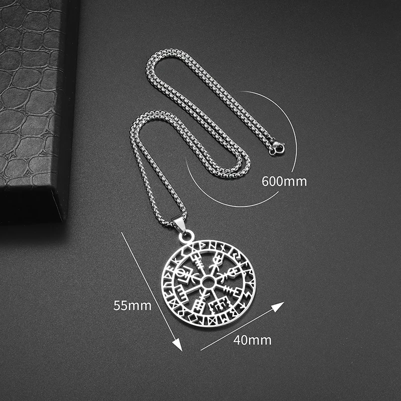 Hollow Compass Rune Pendant Stainless Steel Necklace for Men and Women Fashionable Nordic Amulet Jewelry New Year Gift