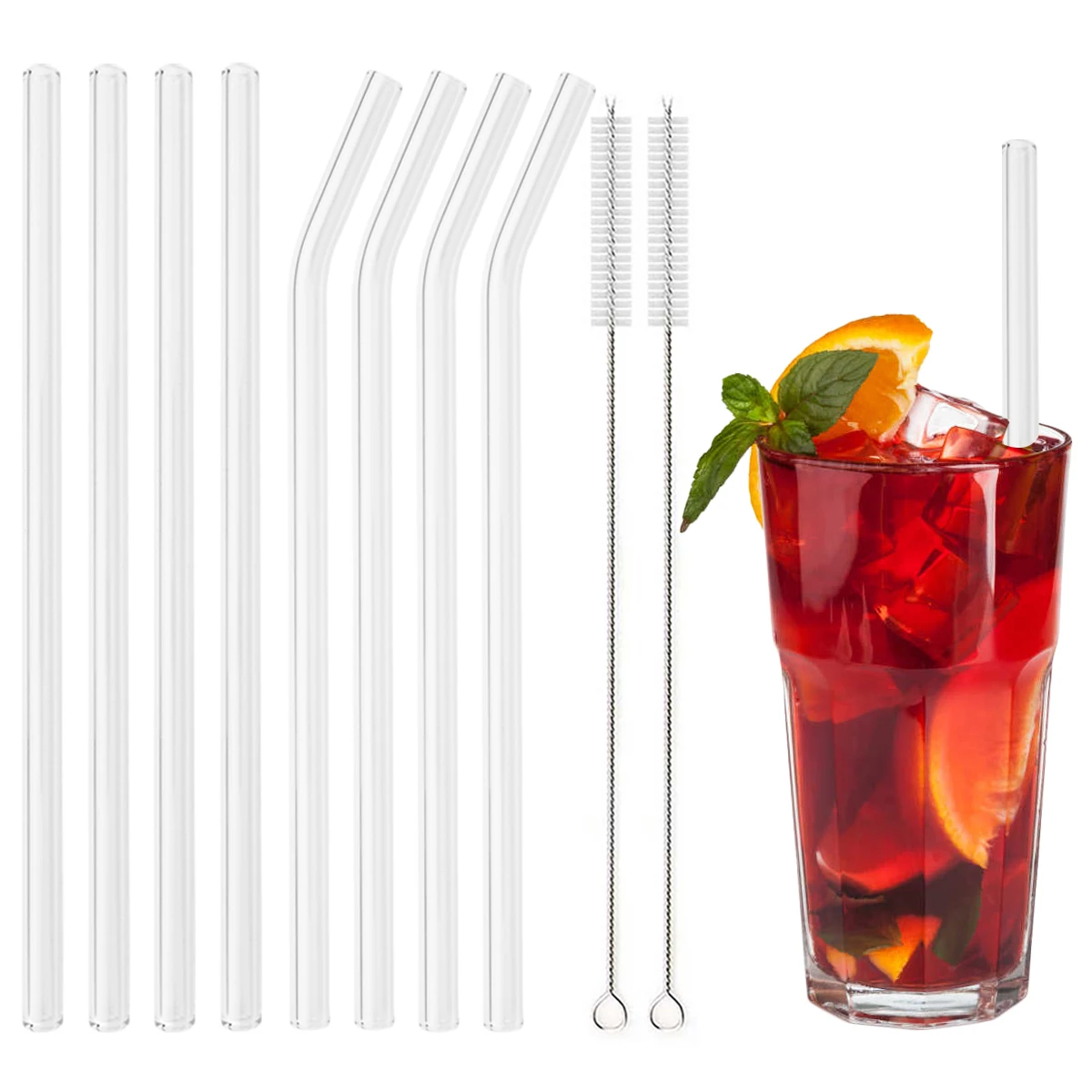 200*8mm Reusable Glass Straw Set High Borosilicate Smoothie Cocktails